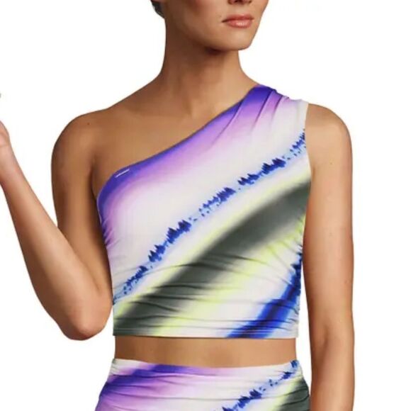 Land's End Ruched One Shoulder Midkini Egret White Ombré Stripes Tankini Top 10 - Picture 5 of 6